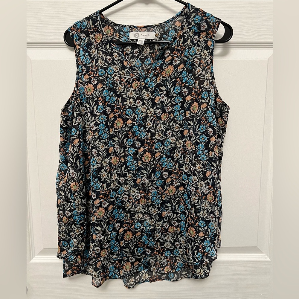 Floral Sleeveless Blouse - Black and Blue